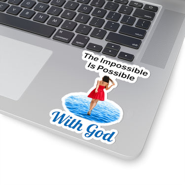 Large vinyl sticker with “Impossible Woman” design, message “The Impossible Is Possible with God,” glossy finish, inspirational sticker for adventurous women to make the impossible their reality, 4-inch sticker on laptop